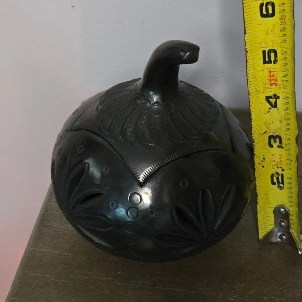 Hand Carved Black Clay Pumpkin Luminary Barro Negro Style Candle Holder 5.5